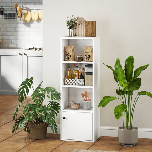 HOMCOM Libreria a 4 Livelli Scaffale per Libri Moderno con Ripiani Aperti e Anta 40x30x120 cm Bianco | Aosom Italy