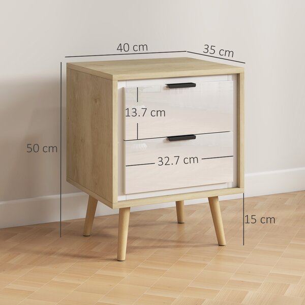 HOMCOM Set di 2 Comodini Moderni con 2 Cassetti a Scorrimento Silenzioso 40x35x50 cm Bianco Lucido e Rovere | Aosom Italy