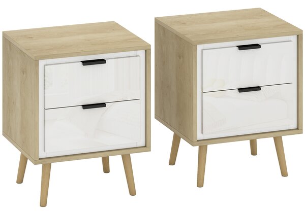HOMCOM Set di 2 Comodini Moderni con 2 Cassetti a Scorrimento Silenzioso 40x35x50 cm Bianco Lucido e Rovere | Aosom Italy