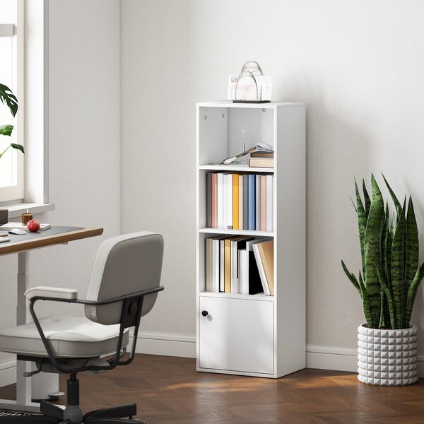 HOMCOM Libreria a 4 Livelli Scaffale per Libri Moderno con Ripiani Aperti e Anta 40x30x120 cm Bianco | Aosom Italy