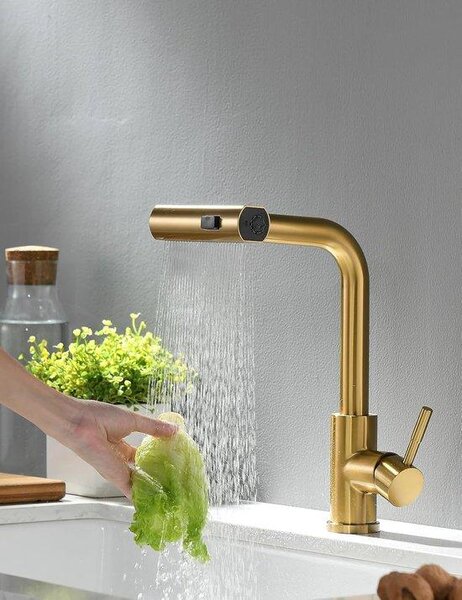 Rubinetto da cucina orientabile a 360 gradi e a scomparsa - oro spazzolato (tubi per acqua calda e fredda non inclusi)