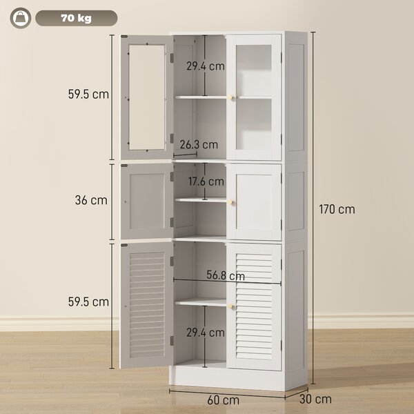 HOMCOM Mobile Bagno con 3 Armadietti a 2 Ante in Vetro e Legno, Ripiani Regolabili, 60x30x170 cm, Bianco | Aosom Italy