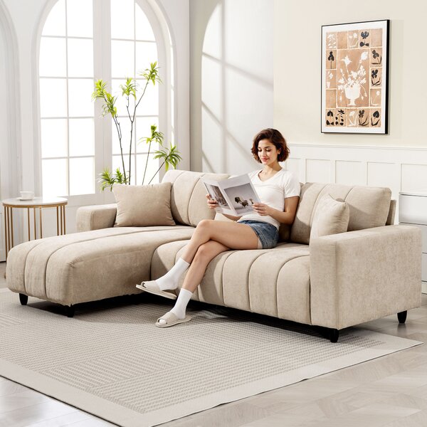 HOMCOM Divano angolare reversibile, divano 3 posti con penisola, 2 cuscini, struttura in acciaio, 242x156x87cm, beige | Aosom Italy