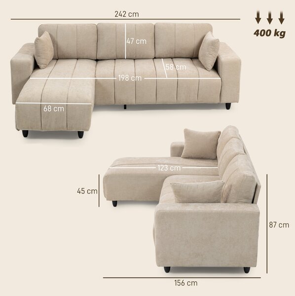 HOMCOM Divano angolare reversibile, divano 3 posti con penisola, 2 cuscini, struttura in acciaio, 242x156x87cm, beige | Aosom Italy
