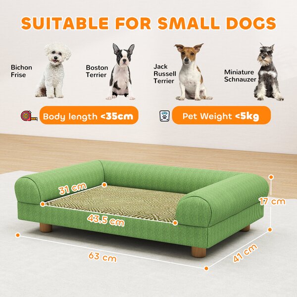 PawHut Divano per cane e gatto rialzato, seduta effetto tappeto rinfrescante, con braccioli, in velluto morbido, 63 x 41 x 17 cm, Verde | Aosom Italy