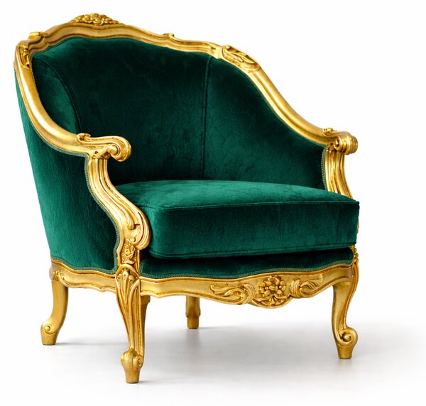 Poltrona Barocca Aurelia - Foglia Oro, Tessuto e Velluto – Artigianato Italiano di Lusso