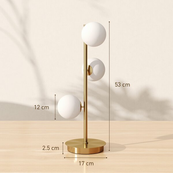 HOMCOM Lampada da tavolo con 3 paralumi a sfera, con base in acciaio stabile, portalampada G9, 24 x 24 x 53 cm, Ottone | Aosom Italy