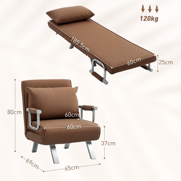 HOMCOM Poltrona Letto 2 in 1 con Schienale Regolabile e Cuscino 65x69x80 cm Marrone | Aosom Italy
