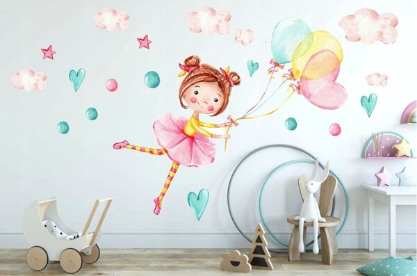 Adesivo per muro per bambini con disegno di bambina con palloncini 60 x 120  cm