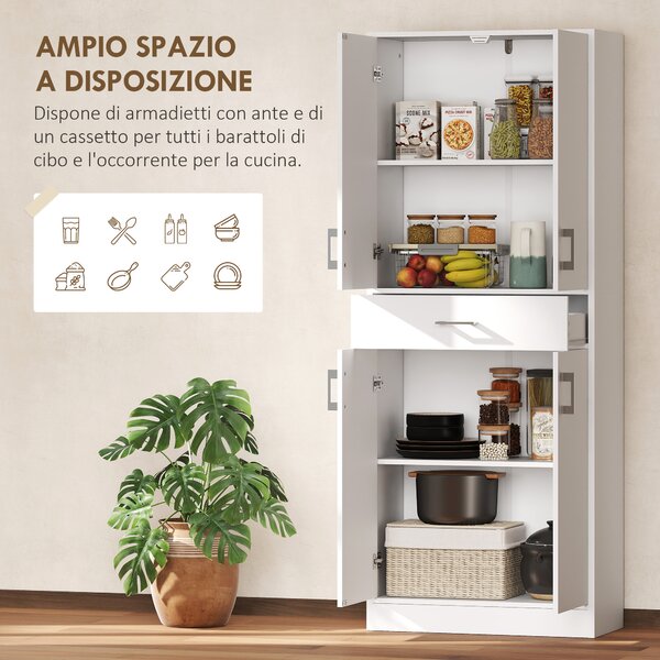 HOMCOM Credenza Cucina Alta con 2 Armadietti e un Cassetto Centrale, Ripiani Regolabili e 4 Ante Totali, Bianco | Aosom Italy