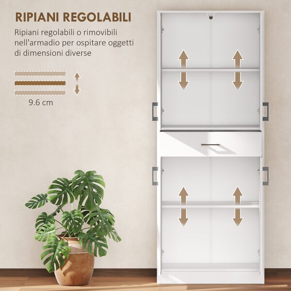 HOMCOM Credenza Cucina Alta con 2 Armadietti e un Cassetto Centrale, Ripiani Regolabili e 4 Ante Totali, Bianco | Aosom Italy