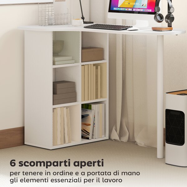HOMCOM Scrivania per Camera Ricurva con 6 Ripiani e 4 Scaffali Regolabili, in Acciaio e Legno, 100x59x75.5 cm, Bianco | Aosom Italy