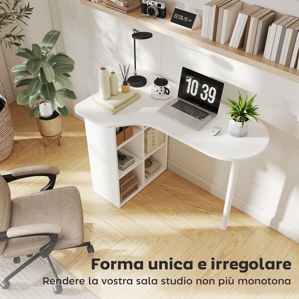 HOMCOM Scrivania per Camera Ricurva con 6 Ripiani e 4 Scaffali Regolabili, in Acciaio e Legno, 100x59x75.5 cm, Bianco | Aosom Italy