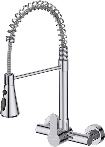 Rubinetto da cucina in acciaio inossidabile con montaggio a parete, 3 getti, orientabile a 360°, cromato