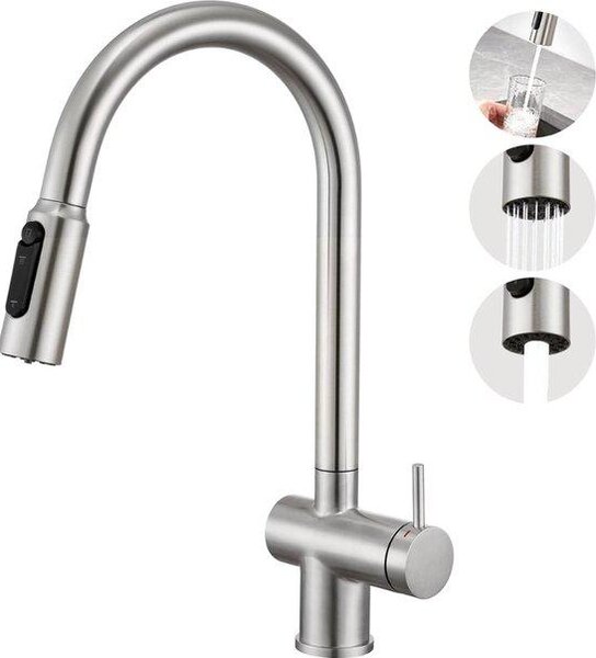 Rubinetto da cucina a 3 vie con molla a spirale, acciaio inossidabile, lavello