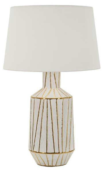 Lampada da Tavolo Tangeri Moderna - Base in Vetroceramica Bianca e Decorazioni Oro, Paralume in Tessuto, Attacco E27 - 45x45x73 cm