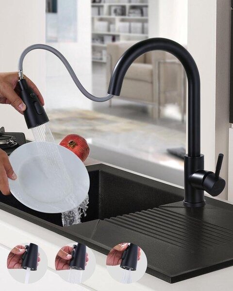 Rubinetto da cucina in acciaio inossidabile nero, orientabile a 360°, a 3 vie
