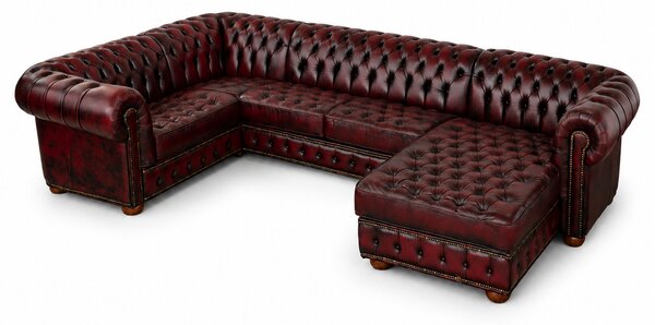 Divano Chesterfield Angolare con Chaise Longue - Pelle Primo Fiore Premium - Design Iconico