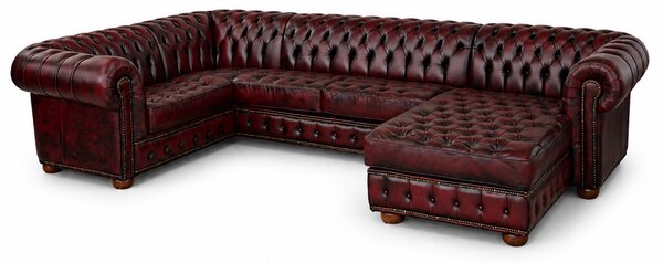 Divano Chesterfield Angolare con Chaise Longue - Pelle Primo Fiore Premium - Design Iconico