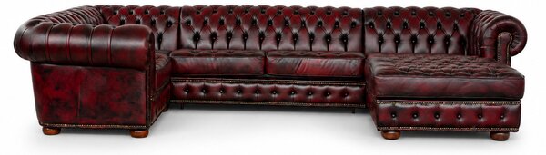 Divano Chesterfield Angolare con Chaise Longue - Pelle Primo Fiore Premium - Design Iconico
