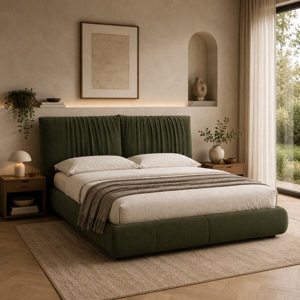 Letto Matrimoniale Libra Pelle Nabuk Premium con Testiera Drappeggiata - Design Elegante e Avvolgente