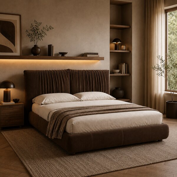 Letto Matrimoniale Libra Pelle Nabuk Premium con Testiera Drappeggiata - Design Elegante e Avvolgente