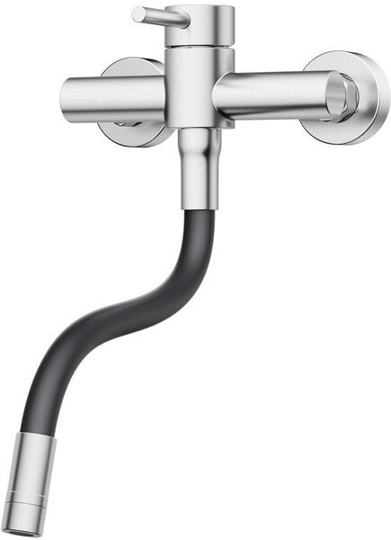 Miscelatore da cucina a parete, orientabile a 360°, acciaio inossidabile, tubo in silicone, monocomando