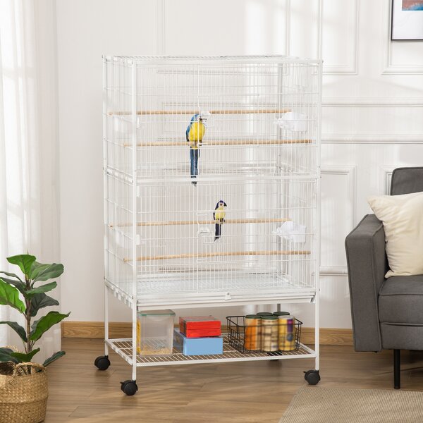 PawHut Gabbia per Uccelli da Interni con Vassoio Estraibile, 4 Ruote e Trespolo, 78x52x132 cm, Bianco | Aosom Italy