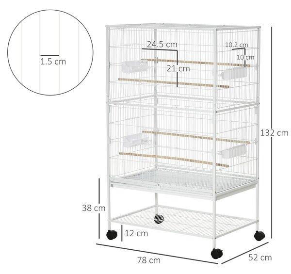 PawHut Gabbia per Uccelli da Interni con Vassoio Estraibile, 4 Ruote e Trespolo, 78x52x132 cm, Bianco | Aosom Italy