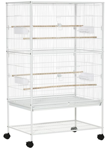 PawHut Gabbia per Uccelli da Interni con Vassoio Estraibile, 4 Ruote e Trespolo, 78x52x132 cm, Bianco | Aosom Italy