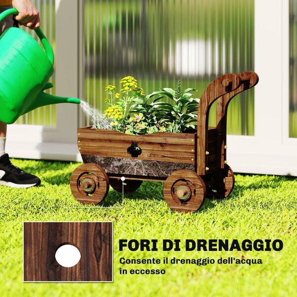 Outsunny Fioriera in Legno a Carretto con 4 Ruote, Maniglia e Fori di Drenaggio, 68x38x52 cm, Legno | Aosom Italy