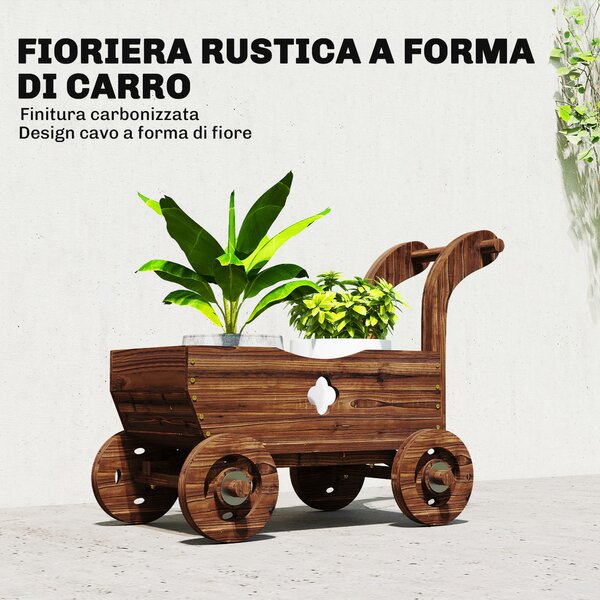 Outsunny Fioriera in Legno a Carretto con 4 Ruote, Maniglia e Fori di Drenaggio, 68x38x52 cm, Legno | Aosom Italy