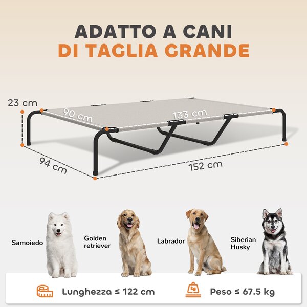 PawHut Lettino per Cani Grandi Rialzato da Esterno in Acciaio e Rete Traspirante, 152x94x23 cm, Beige | Aosom Italy