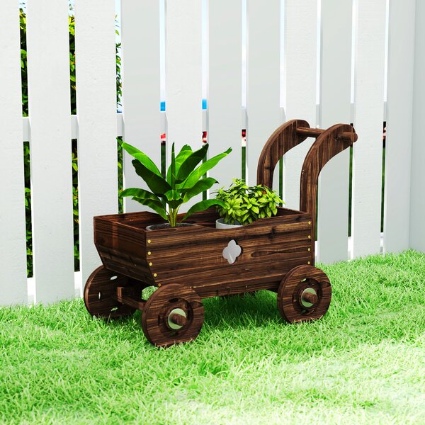 Outsunny Fioriera in Legno a Carretto con 4 Ruote, Maniglia e Fori di Drenaggio, 68x38x52 cm, Legno | Aosom Italy