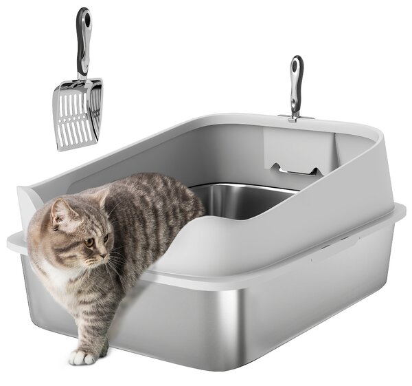 PawHut Lettiera per Gatti in Acciaio Inossidabile XXL con Bordo Alto Paletta Facile da Pulire a Prova di Perdite 70x50x30 cm Grigio | Aosom Italy