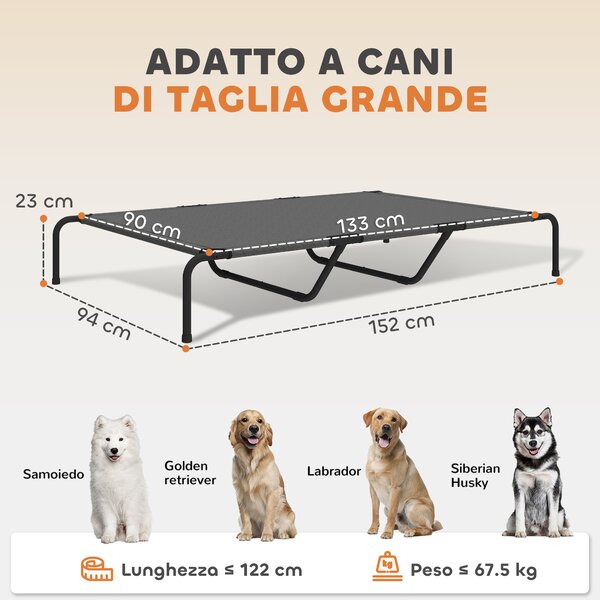 PawHut Lettino per Cani Grandi Rialzato da Esterno in Acciaio e Rete Traspirante, 152x94x23 cm, Grigio | Aosom Italy