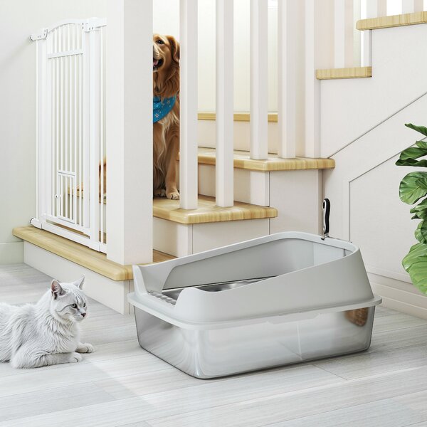 PawHut Lettiera per Gatti in Acciaio Inossidabile XXL con Bordo Alto Paletta Facile da Pulire a Prova di Perdite 70x50x30 cm Grigio | Aosom Italy
