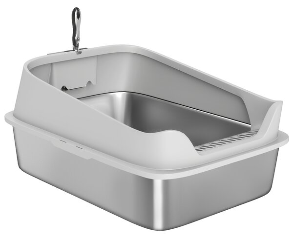 PawHut Lettiera per Gatti in Acciaio Inossidabile XXL con Bordo Alto Paletta Facile da Pulire a Prova di Perdite 70x50x30 cm Grigio | Aosom Italy