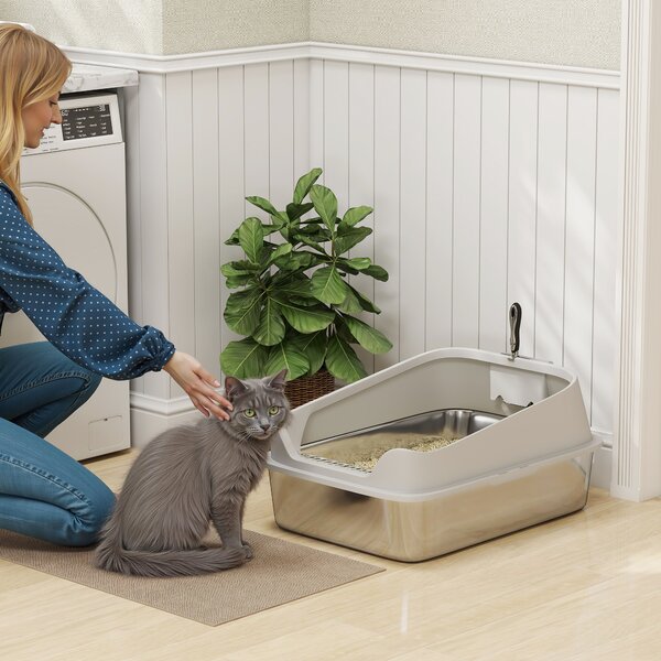 PawHut Lettiera per Gatti in Acciaio Inossidabile XXL con Bordo Alto Paletta Facile da Pulire a Prova di Perdite 70x50x30 cm Grigio | Aosom Italy