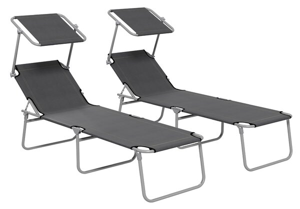 Set 2 Sdraio da Giardino 187x58x36 cm Pieghevoli con Tettuccio Regolabile in Tessuto Oxford e Metallo Grigio