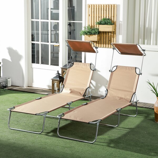 Set 2 Sdraio da Giardino 187x58x36 cm Pieghevoli con Tettuccio Regolabile in Tessuto Oxford e Metallo Marrone