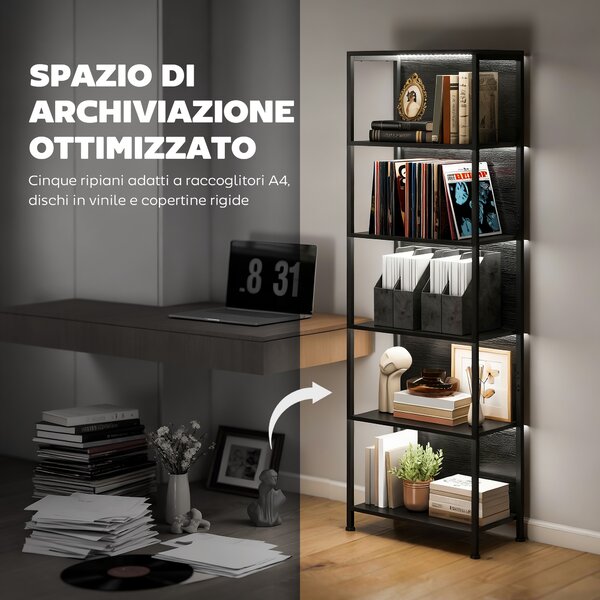 HOMCOM Libreria Scaffale in Stile Industriale a 5 Ripiani con Illuminazione LED, in Metallo e Legno, 60x30x179 cm, Nero | Aosom Italy