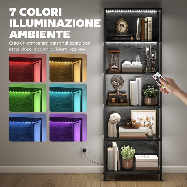 HOMCOM Libreria Scaffale in Stile Industriale a 5 Ripiani con Illuminazione LED, in Metallo e Legno, 60x30x179 cm, Nero | Aosom Italy