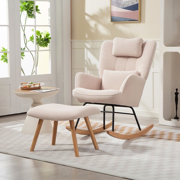 HOMCOM Poltrona a Dondolo con Poggapiedi, Rivestimento in Morbido Pile, Gambe in Legno, Cuscino, Schienale Alto, Sedia a Dondolo, Beige | Aosom Italy