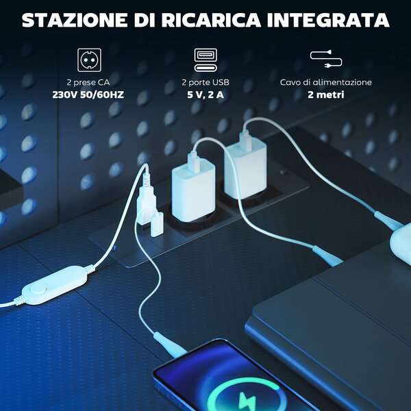 HOMCOM Scrivania Gaming Angolare con LED, Prese Elettriche, Supporto per Monitor e Scaffale, Nero | Aosom Italy