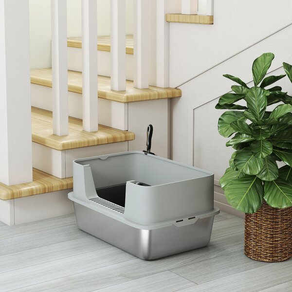 PawHut Lettiera per Gatti in Acciaio Inossidabile XL con Bordo Alto Paletta Facile da Pulire Antisperoni 60x40x29,5 cm Grigio | Aosom Italy