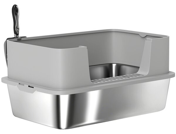 PawHut Lettiera per Gatti in Acciaio Inossidabile XL con Bordo Alto Paletta Facile da Pulire Antisperoni 60x40x29,5 cm Grigio | Aosom Italy