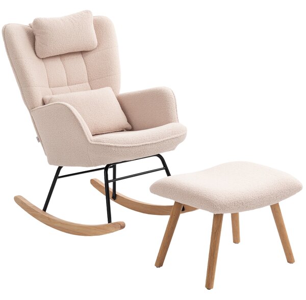 HOMCOM Poltrona a Dondolo con Poggapiedi, Rivestimento in Morbido Pile, Gambe in Legno, Cuscino, Schienale Alto, Sedia a Dondolo, Beige | Aosom Italy