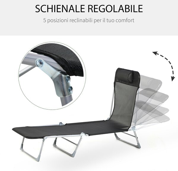 Outsunny Sdraio da Giardino Pieghevole con Schienale Reclinabile e Cuscino, in Metallo e Texteline, 182x56x28 cm, Nero | Aosom Italy