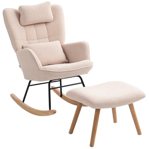 HOMCOM Poltrona a Dondolo con Poggapiedi, Rivestimento in Morbido Pile, Gambe in Legno, Cuscino, Schienale Alto, Sedia a Dondolo, Beige | Aosom Italy